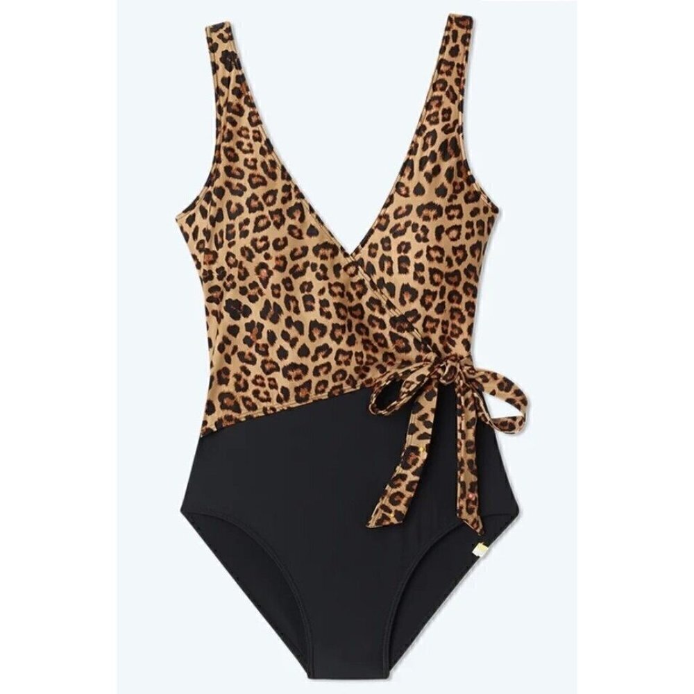 summersalt Leopard Print Wrap One-Piece Swimsuit in Black and Brown